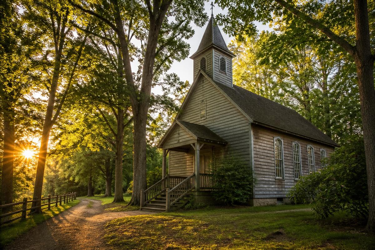 Historic rustic church surrounded by trees at golden hour