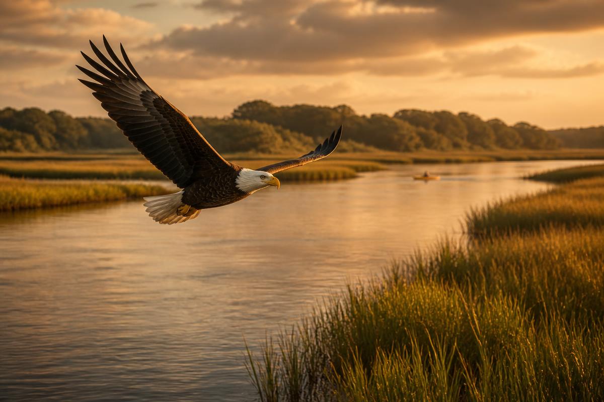Bald eagle hunting over the wetlands of the Cohansey River