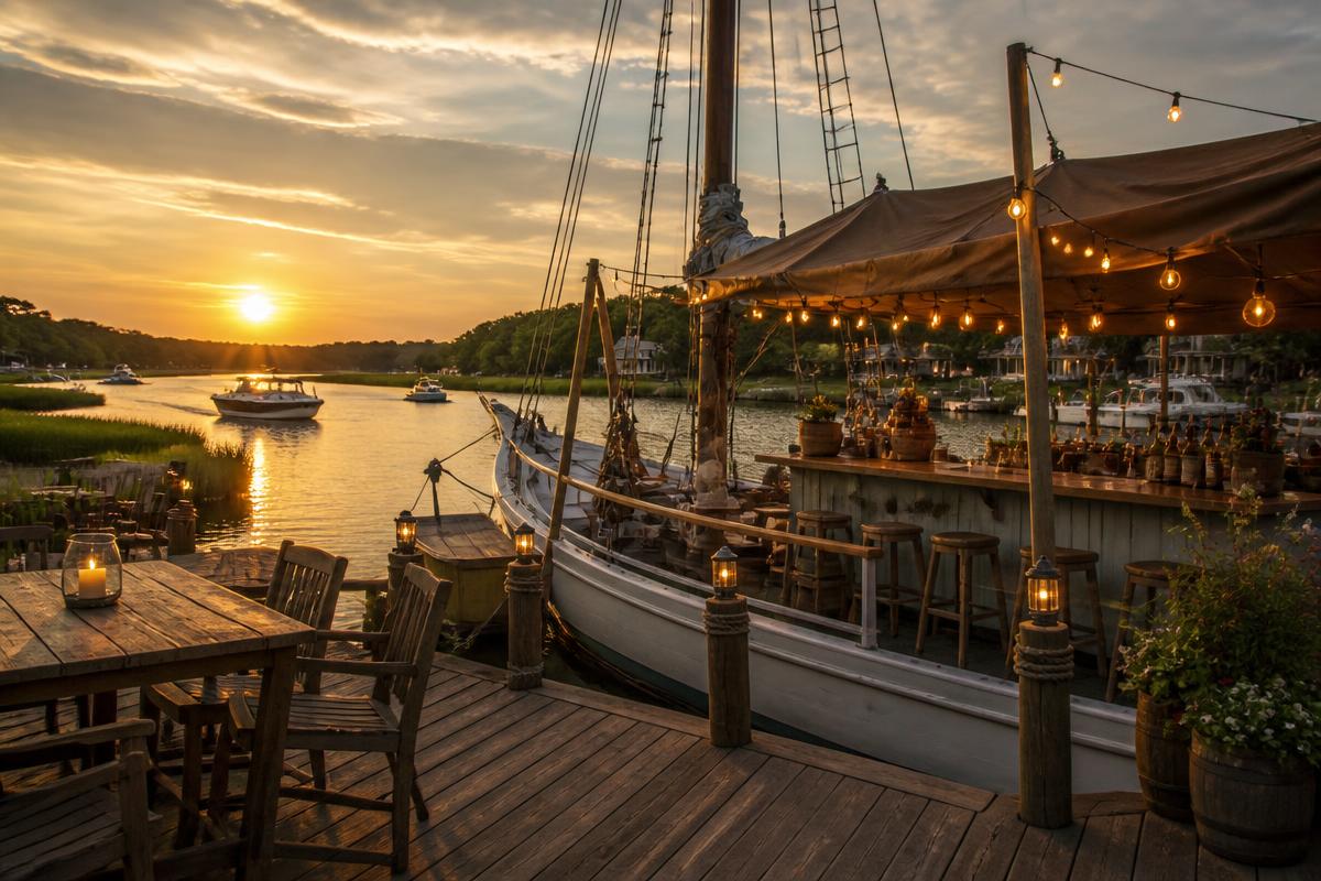 Sunset over the marina and sailboat bar on the Cohansey River
