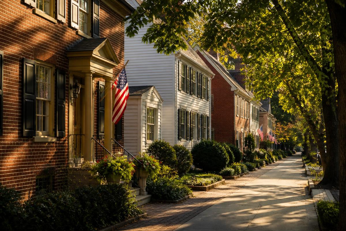 Picturesque tree-lined street with historic homes in Greenwich, New Jersey