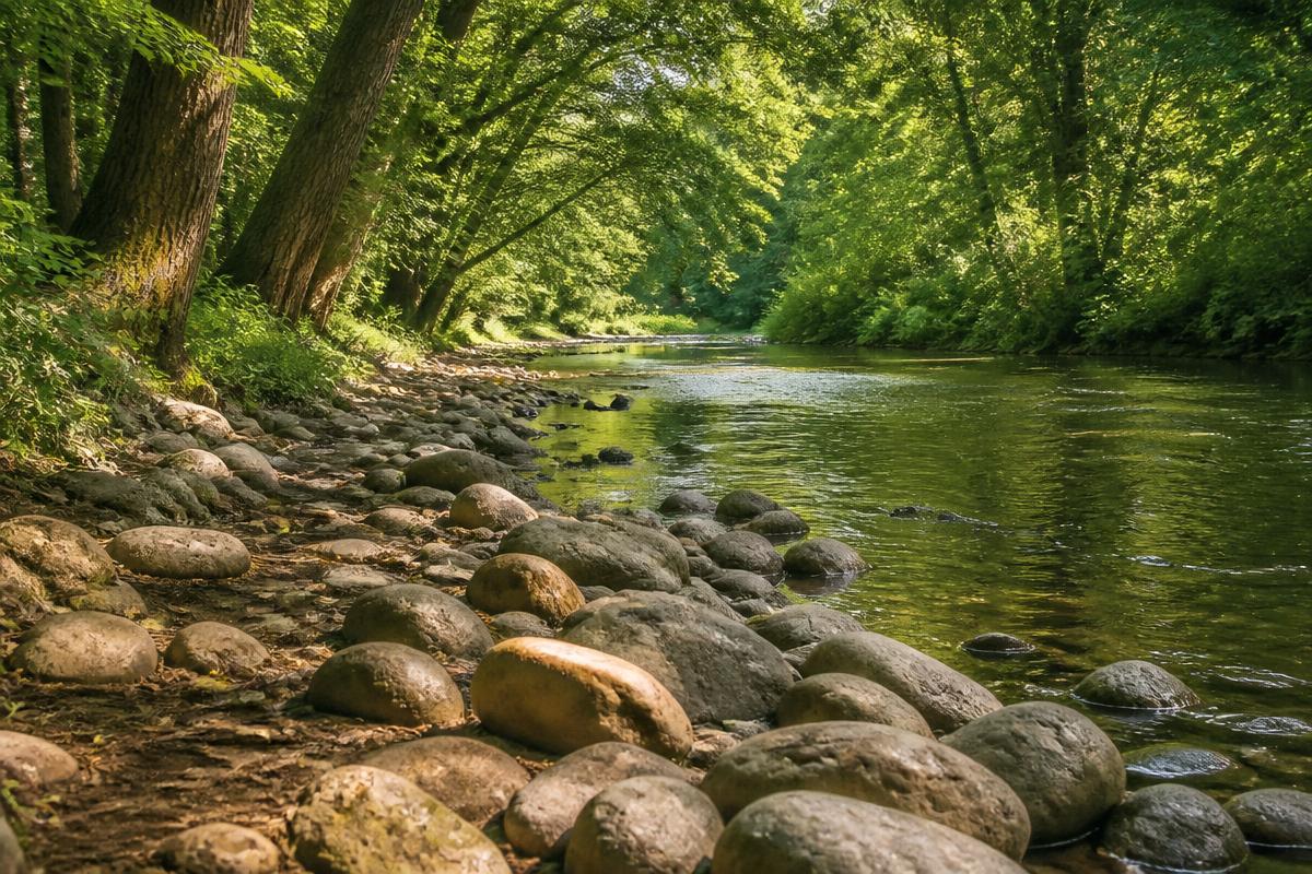 Nature trails and river stones along the Cohansey River